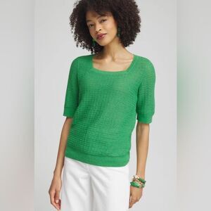 Chico’s Linen Blend Square Neck Pullover Top SZ 4 US XXL Elbow Sleeve Green